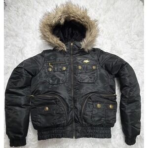 VTG Y2K Apple Bottoms Puffer Jacket Faux Fur Black Puffy Retro Women's 2 / 29